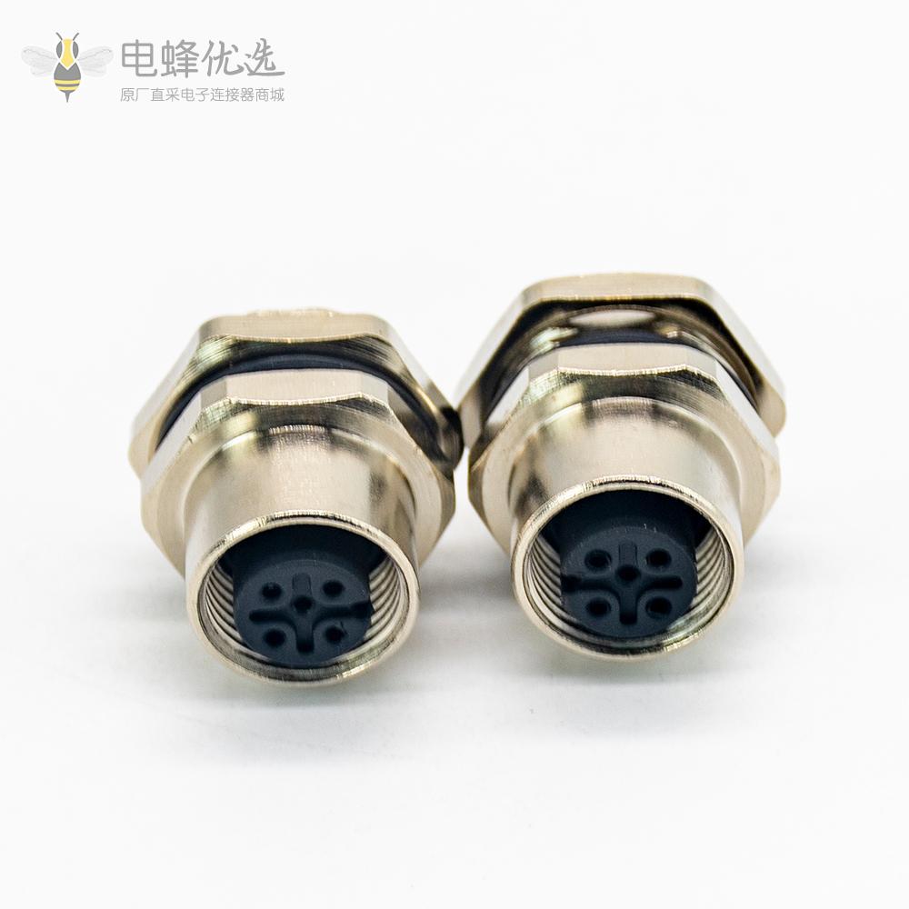 M12航空插座5芯A扣母头直式后锁板板端插座接线焊接式传感器连接器