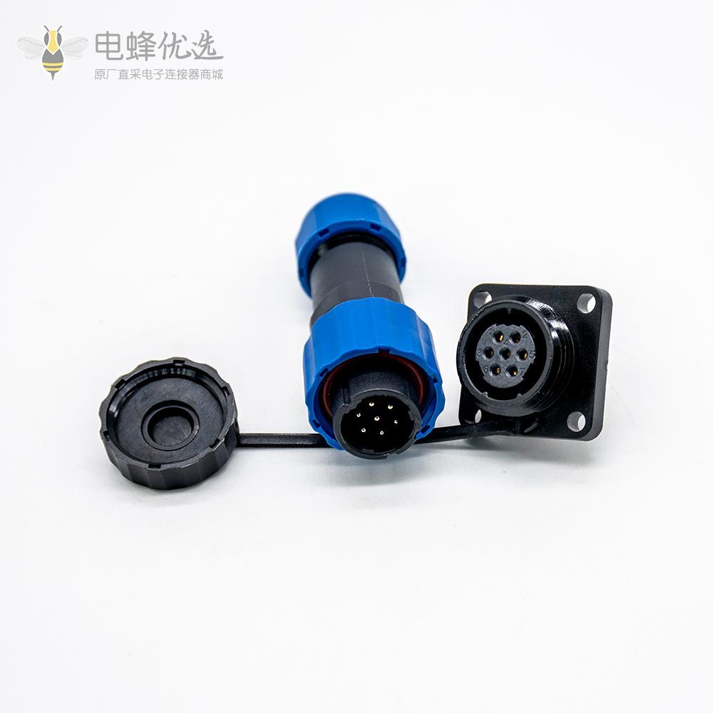 防水航空插头插座SP17 系列7芯公插头+母方形插座一对4孔法兰面板安装